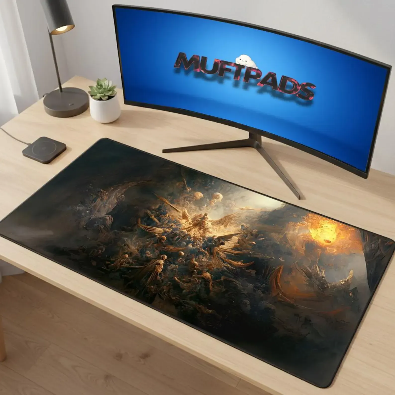 Fantasy Angel Battle Desk Mat - Epic Religious Art Mouse Pad Large Gaming Setup