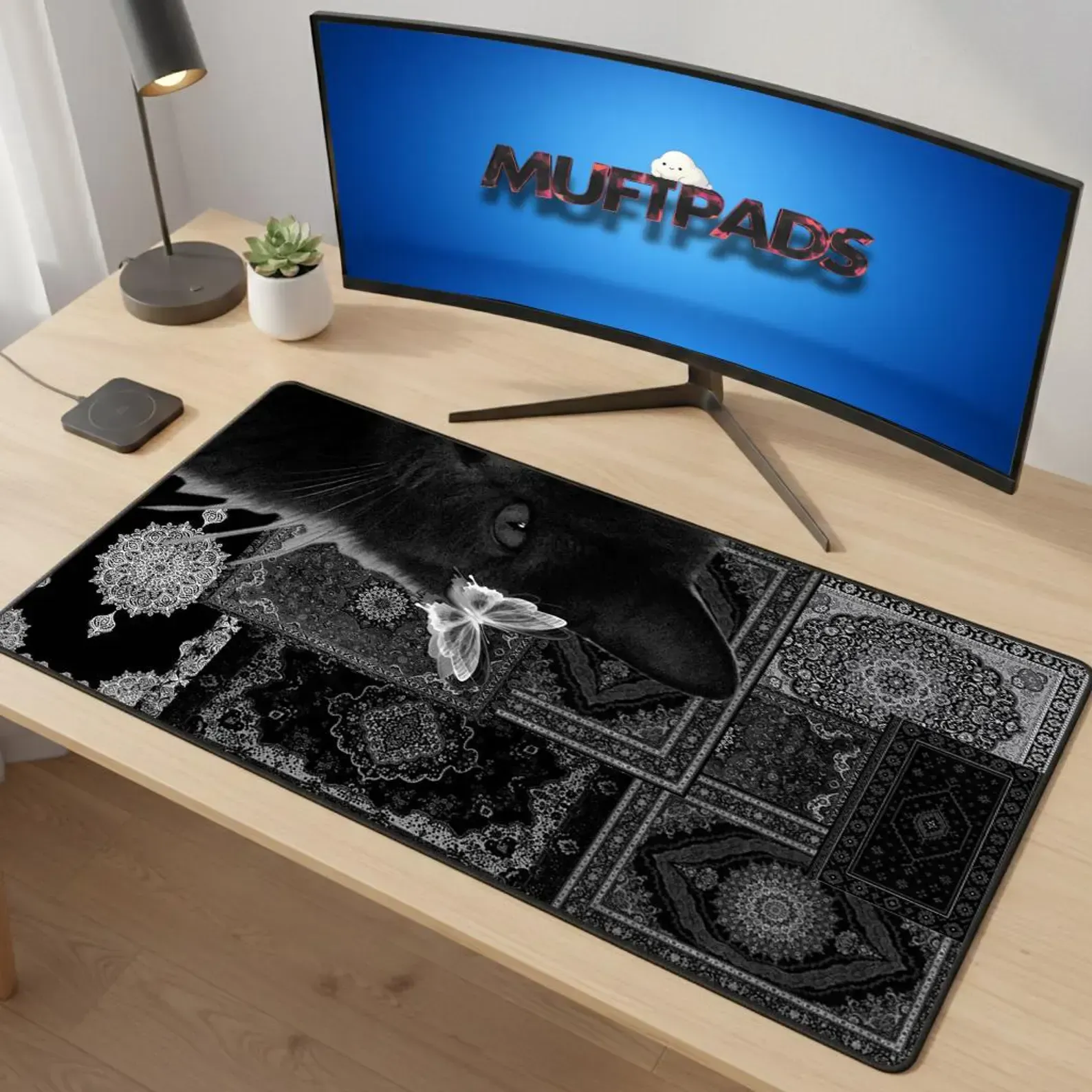 Black White Cat Mandala Desk Mat - Artistic Geometric Pattern Extended Mouse Pad