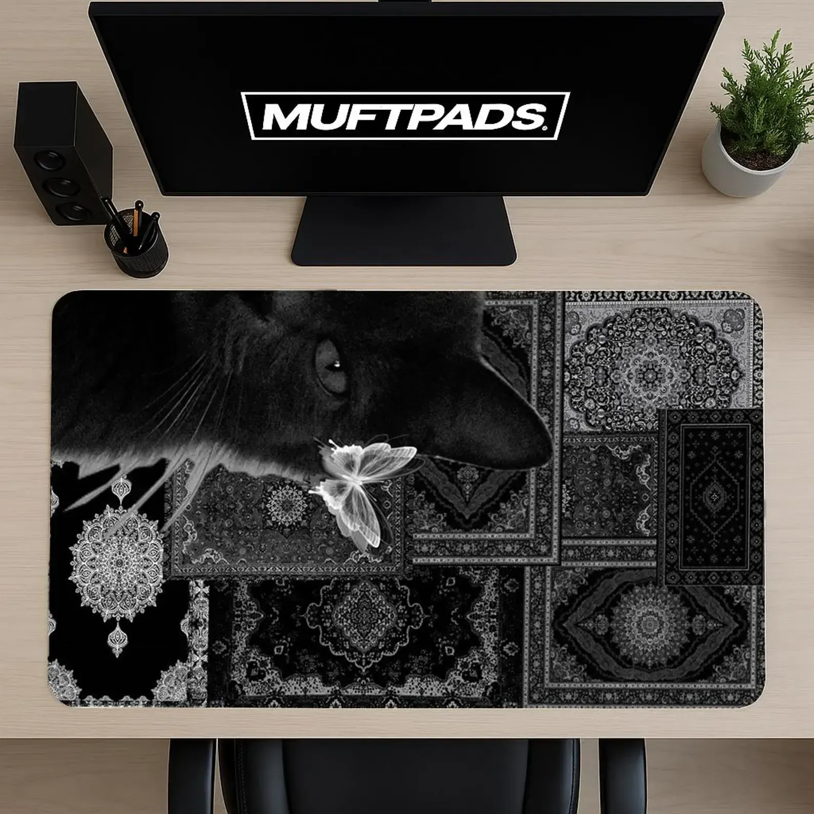 Black White Cat Mandala Desk Mat - Artistic Geometric Pattern Extended Mouse Pad