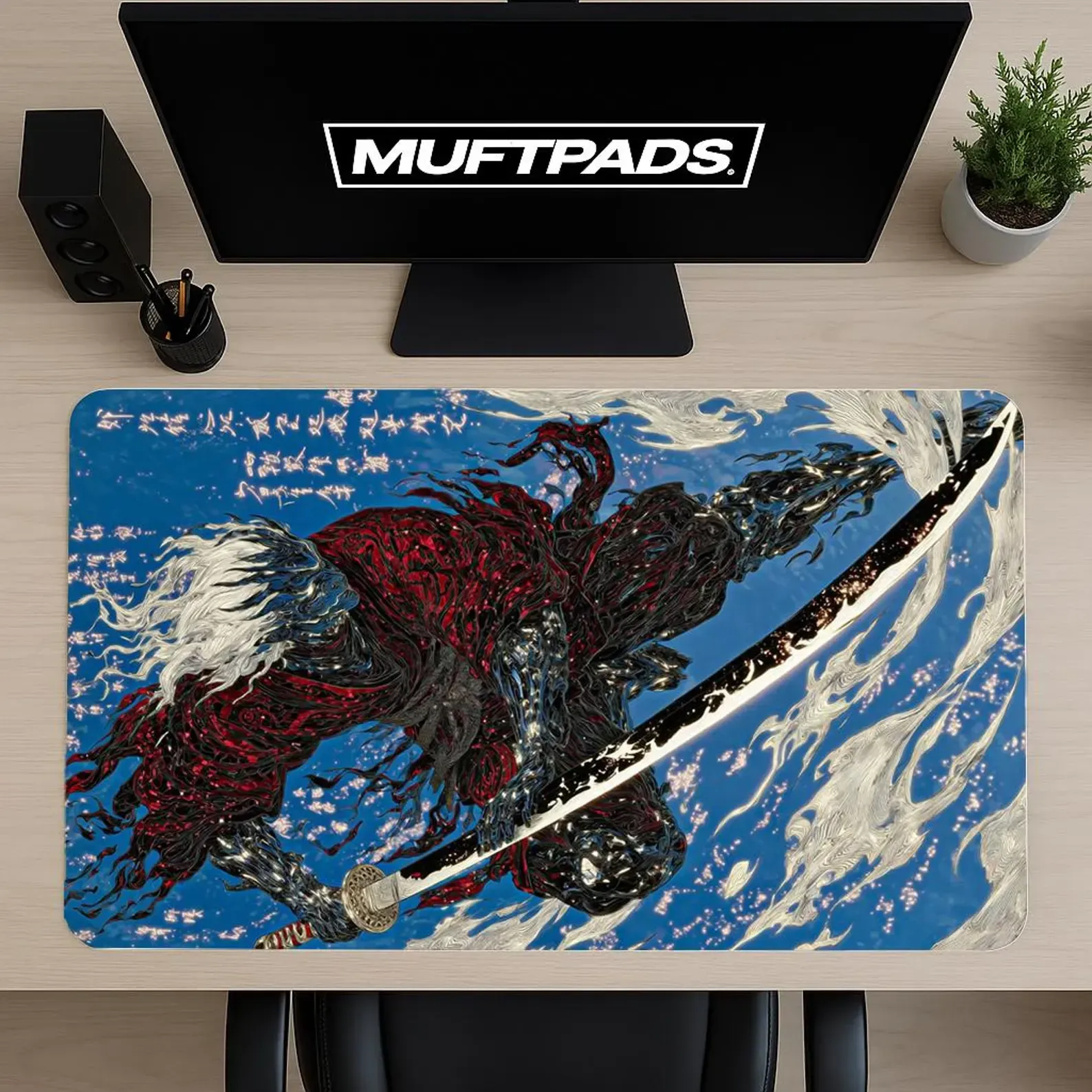 Samurai Warrior Desk Mat - Japanese Art Gaming Mouse Pad with Traditional Katana Design