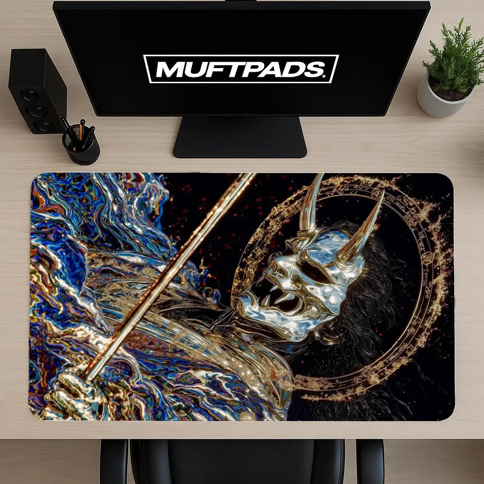 Japanese Warrior Demon Mask Large Gaming Mouse Pad - Traditional Samurai Art Desk Mat