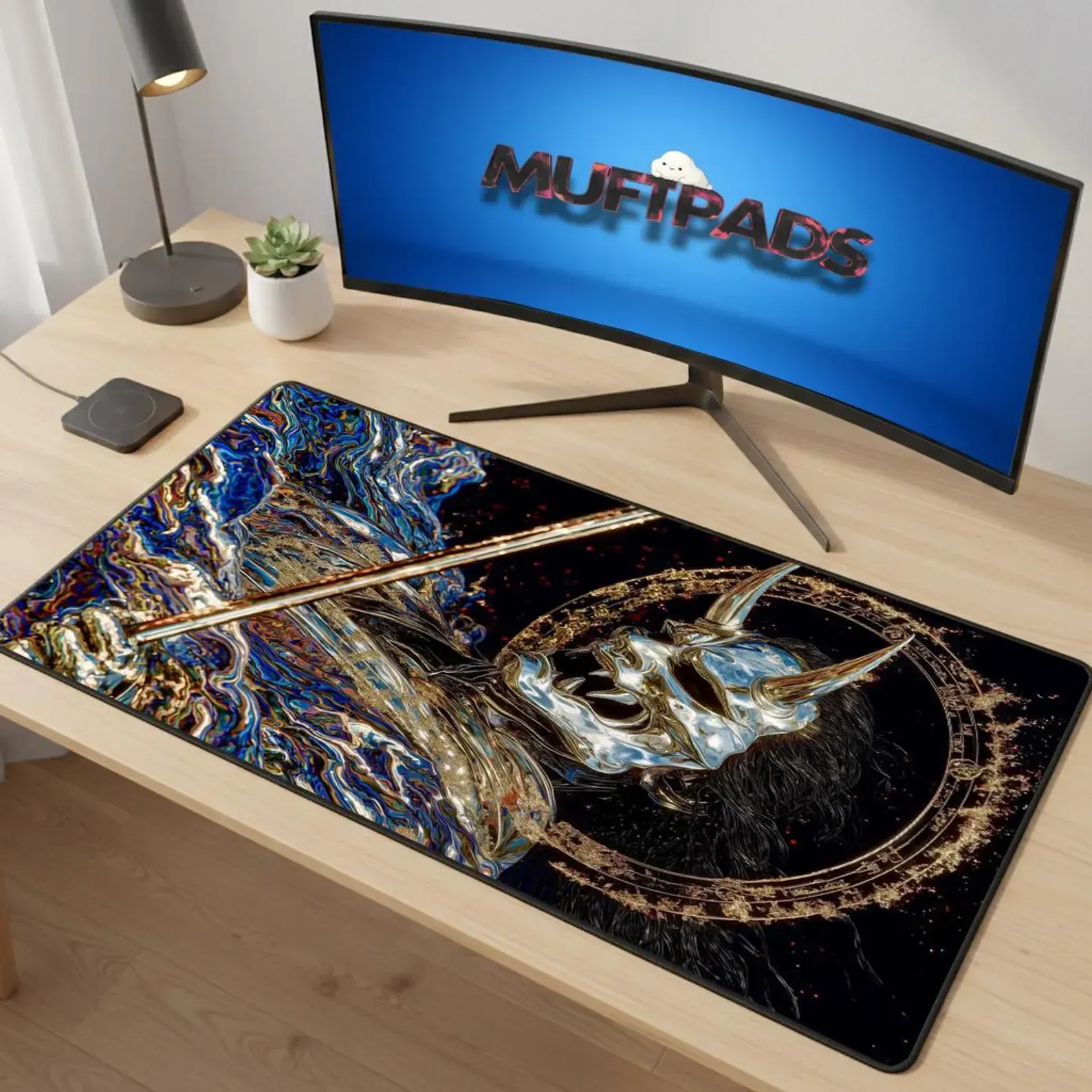 Japanese Warrior Demon Mask Large Gaming Mouse Pad - Traditional Samurai Art Desk Mat