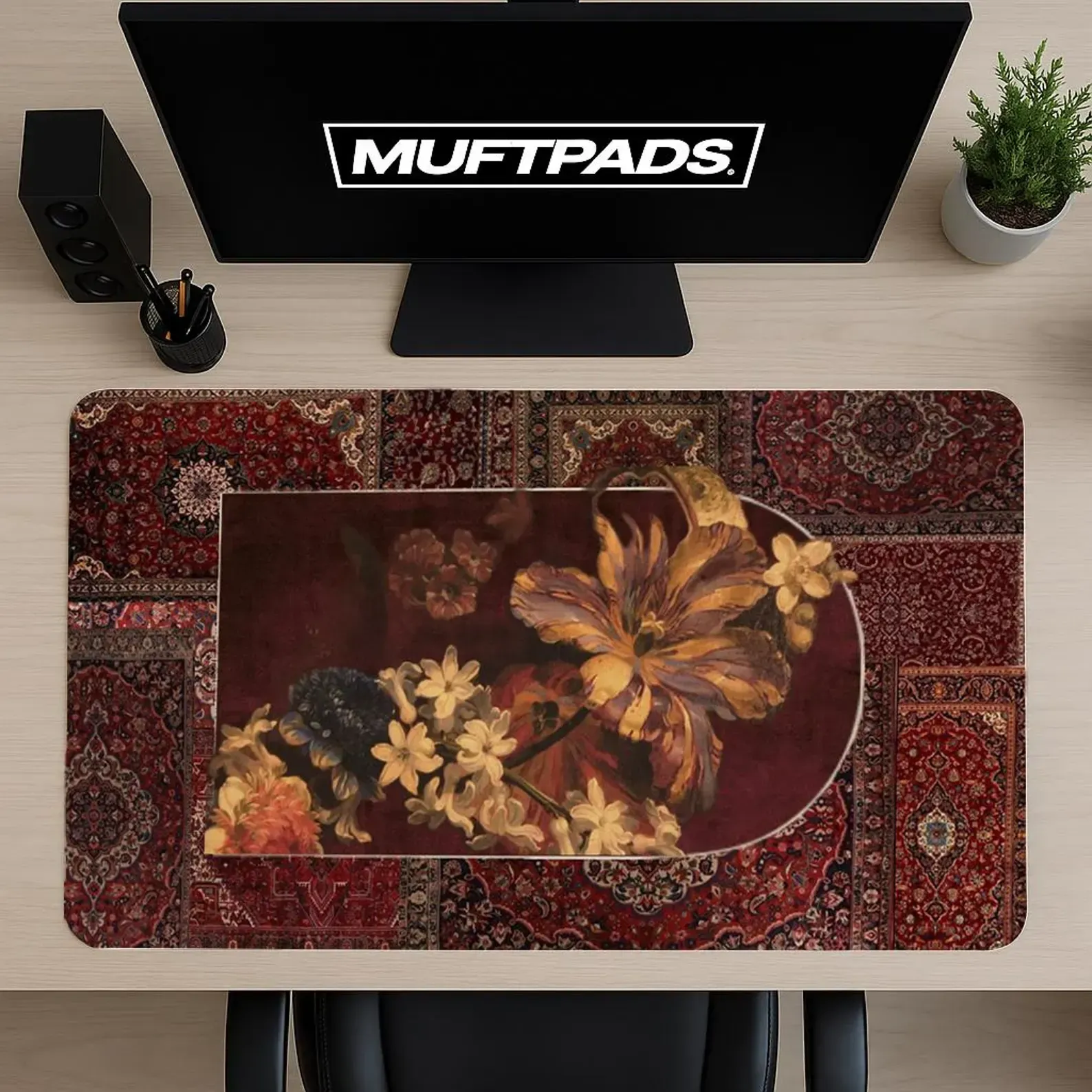 Persian Rug Floral Desk Mat - Burgundy Gold Ornate Mouse Pad Large