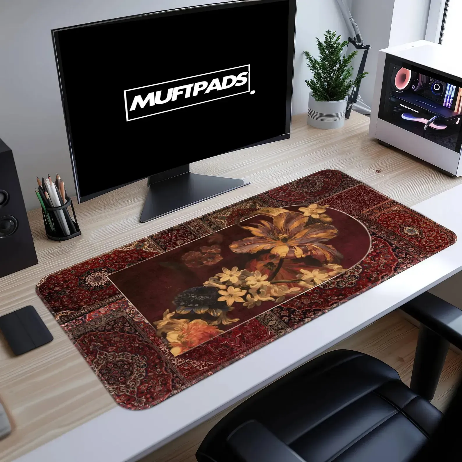 Persian Rug Floral Desk Mat - Burgundy Gold Ornate Mouse Pad Large
