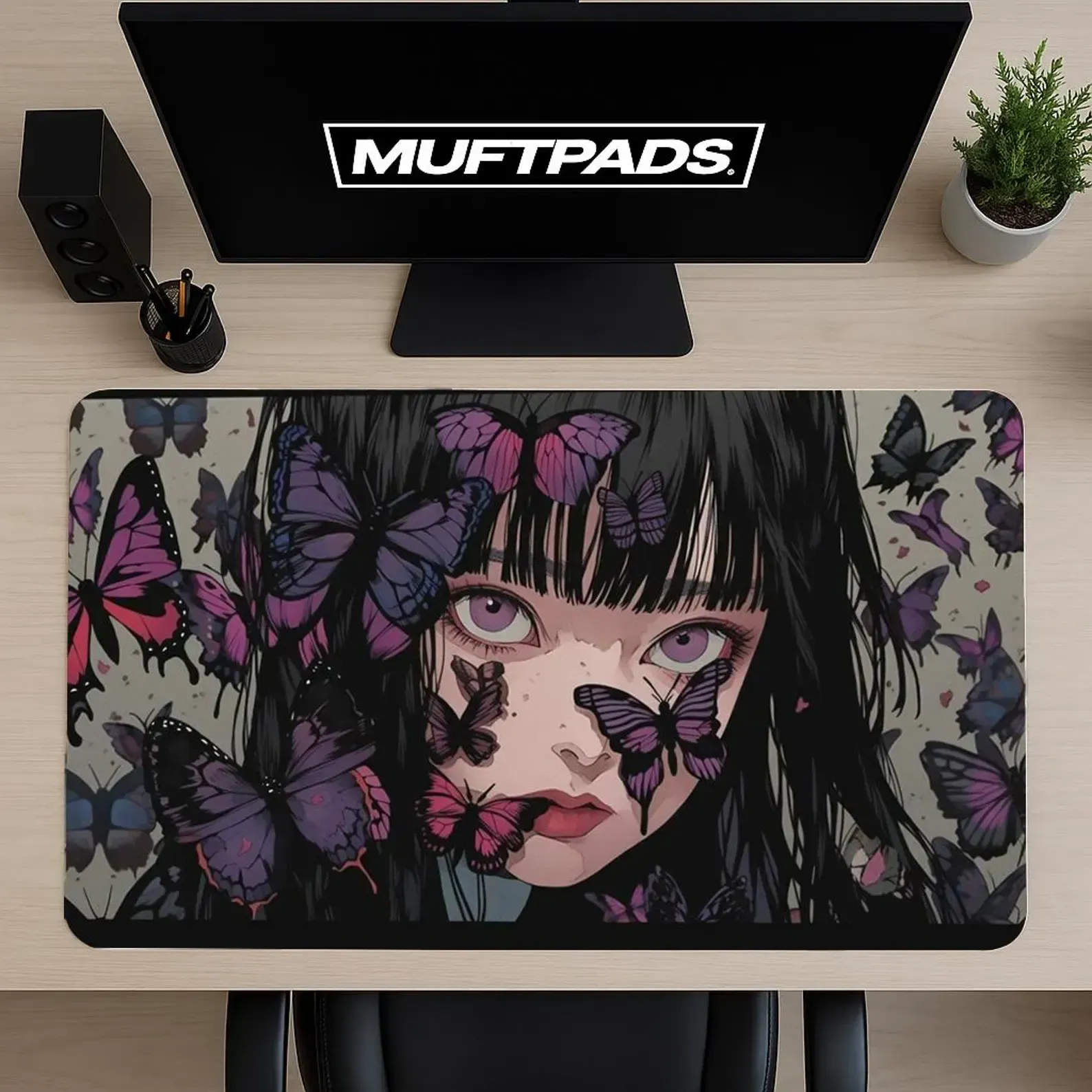 Anime Butterfly Girl Desk Mat, Purple Gothic Ethereal Mouse Pad