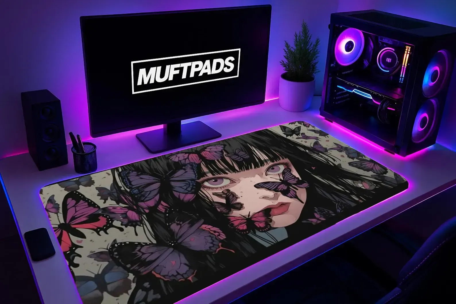 Anime Butterfly Girl Desk Mat, Purple Gothic Ethereal Mouse Pad