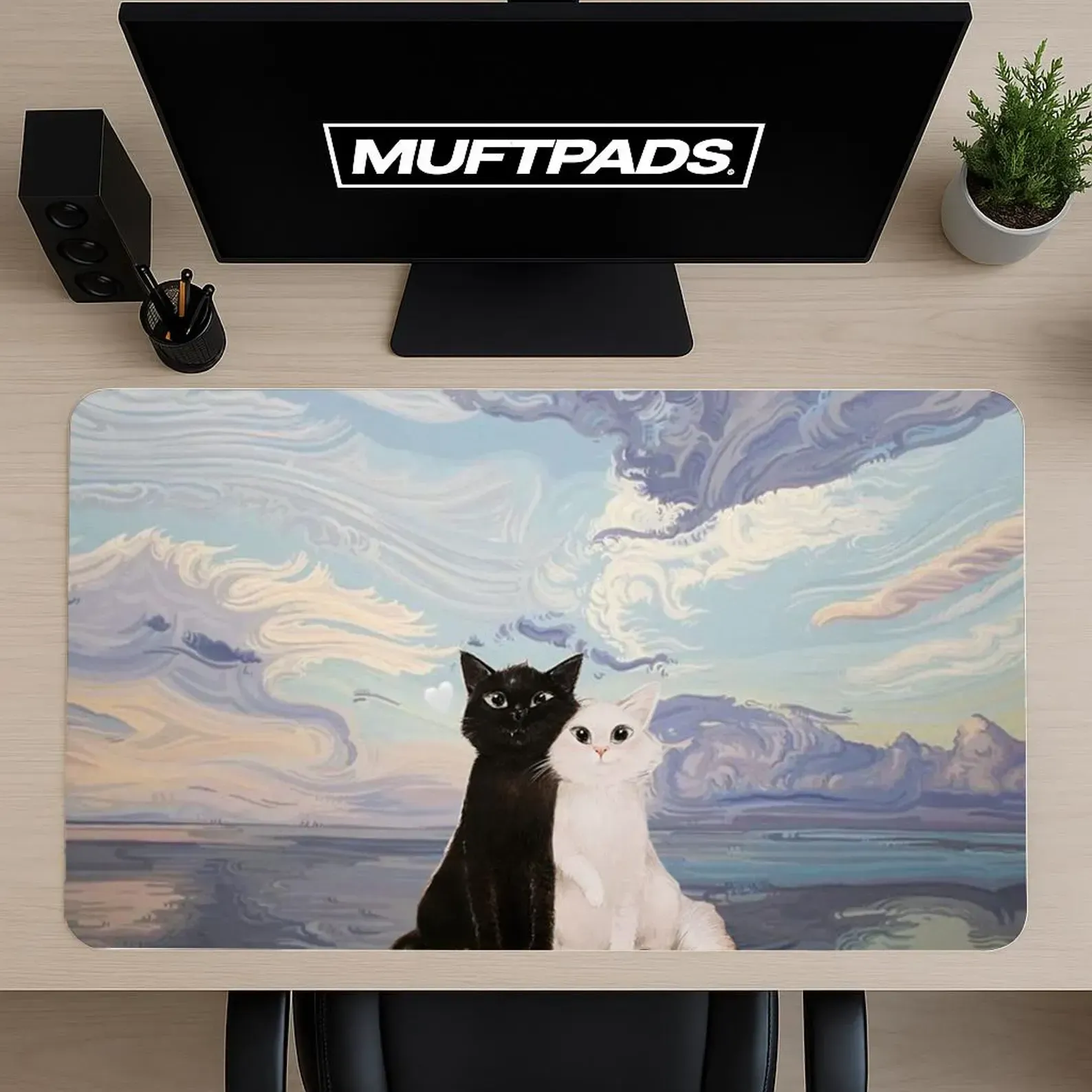 Two Cats Dreamy Sky Desk Mat, Whimsical Mouse Pad, Large Gaming Pad
