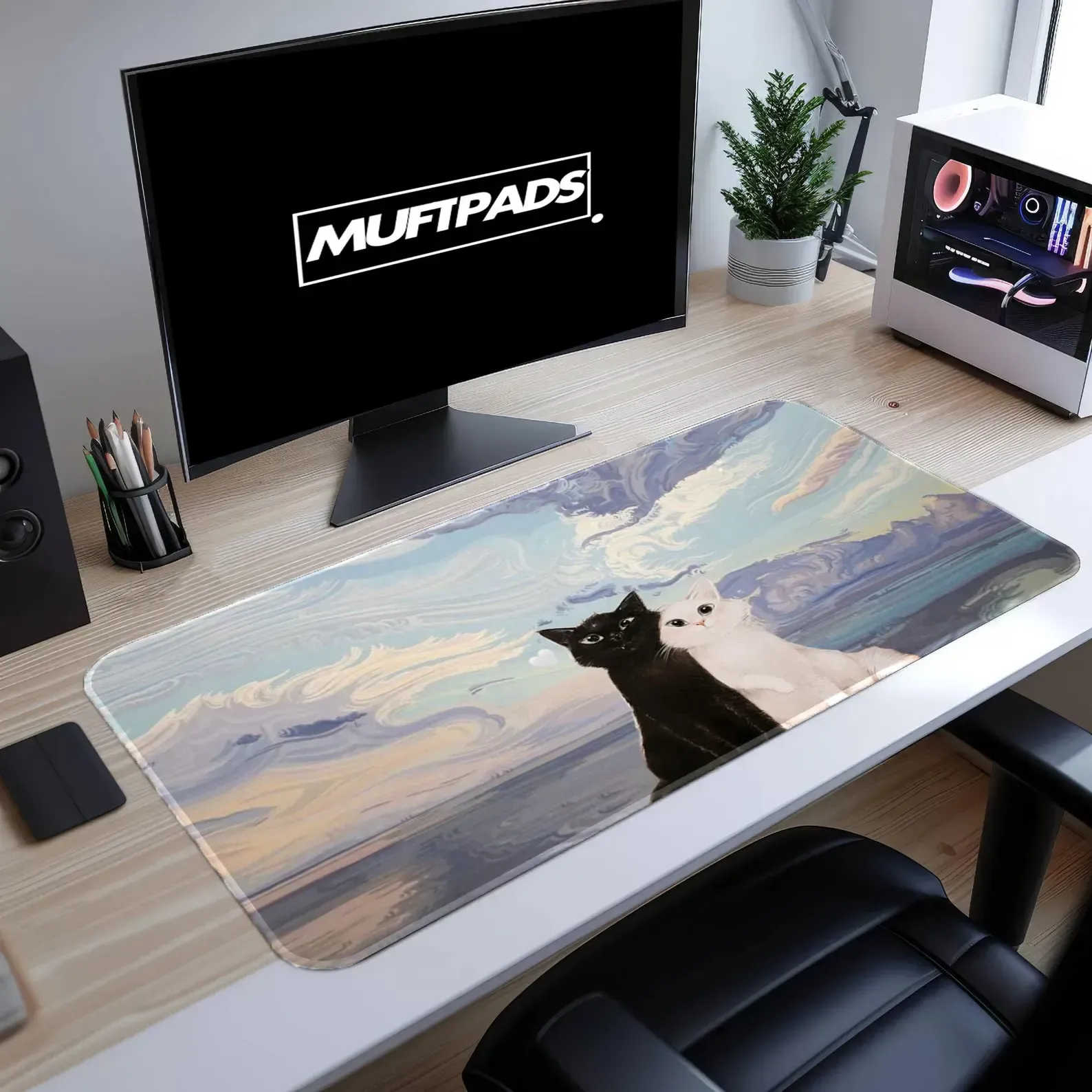Two Cats Dreamy Sky Desk Mat, Whimsical Mouse Pad, Large Gaming Pad