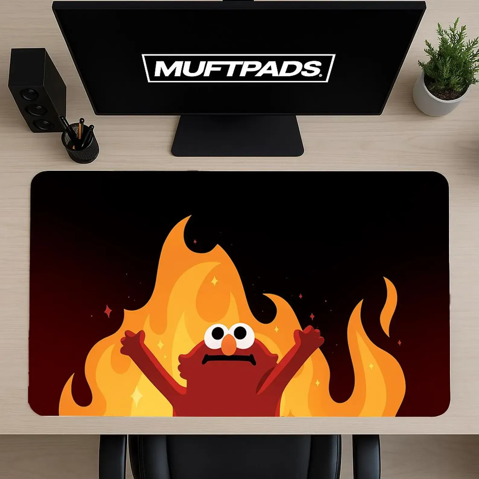 Funny Desk Mat with Cartoon Fire Character - Large Gaming Mouse Pad for Office Setup