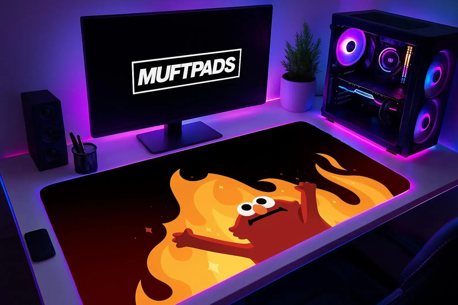 Funny Desk Mat with Cartoon Fire Character - Large Gaming Mouse Pad for Office Setup