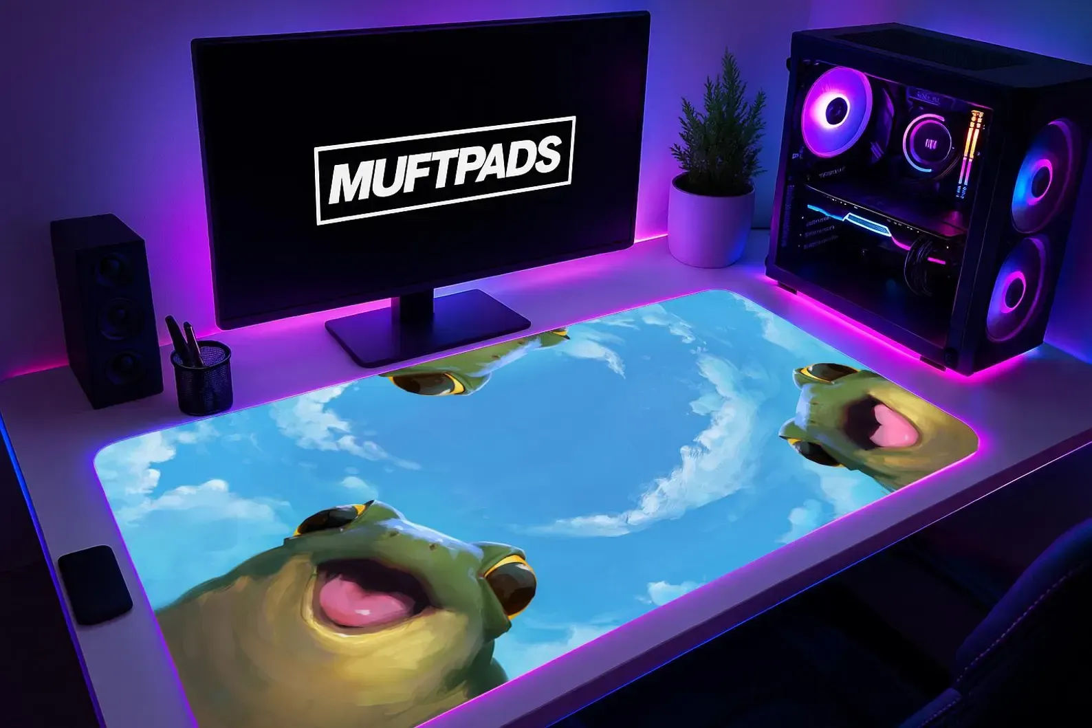 Kawaii Frog Desk Mat – Sky Clouds Gaming Mouse Pad, Whimsical Workspace Accessory