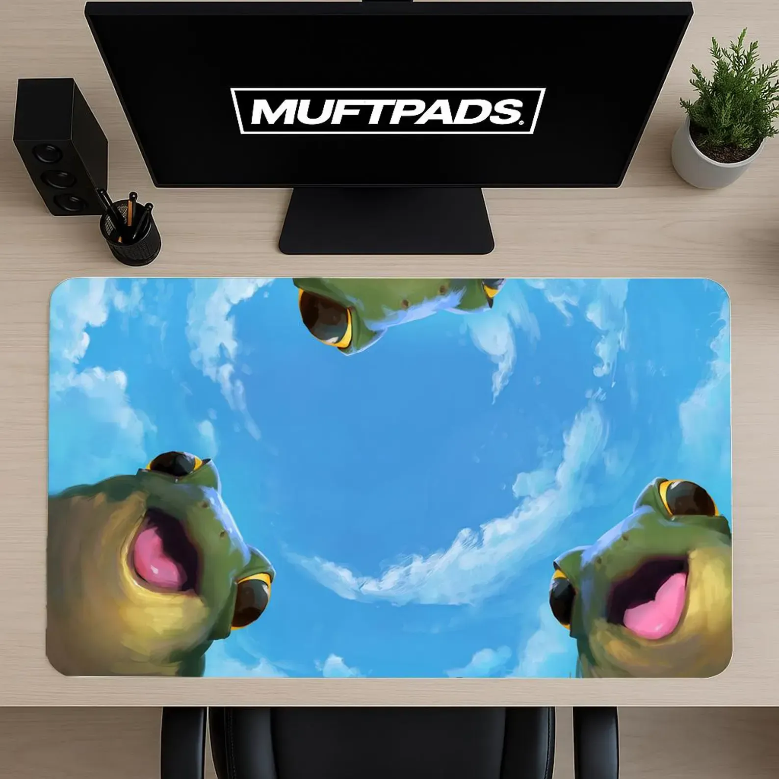 Kawaii Frog Desk Mat – Sky Clouds Gaming Mouse Pad, Whimsical Workspace Accessory