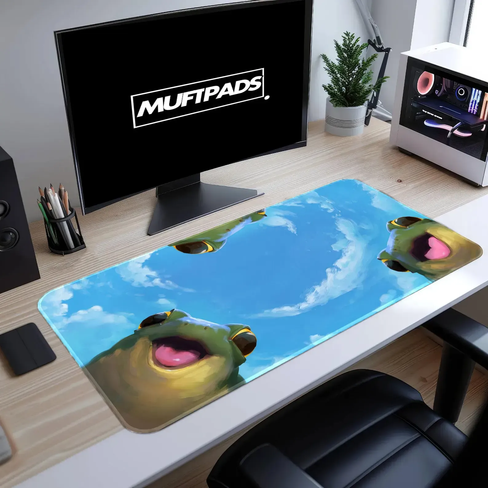 Kawaii Frog Desk Mat – Sky Clouds Gaming Mouse Pad, Whimsical Workspace Accessory
