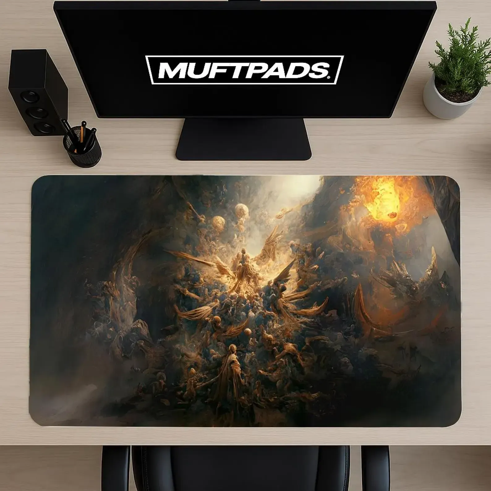 Fantasy Angel Battle Desk Mat - Epic Religious Art Mouse Pad Large Gaming Setup
