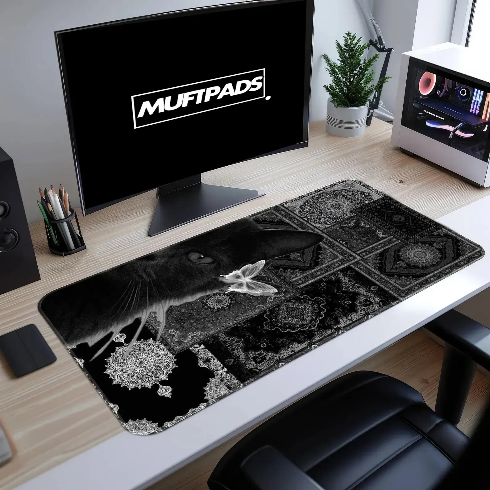Black White Cat Mandala Desk Mat - Artistic Geometric Pattern Extended Mouse Pad