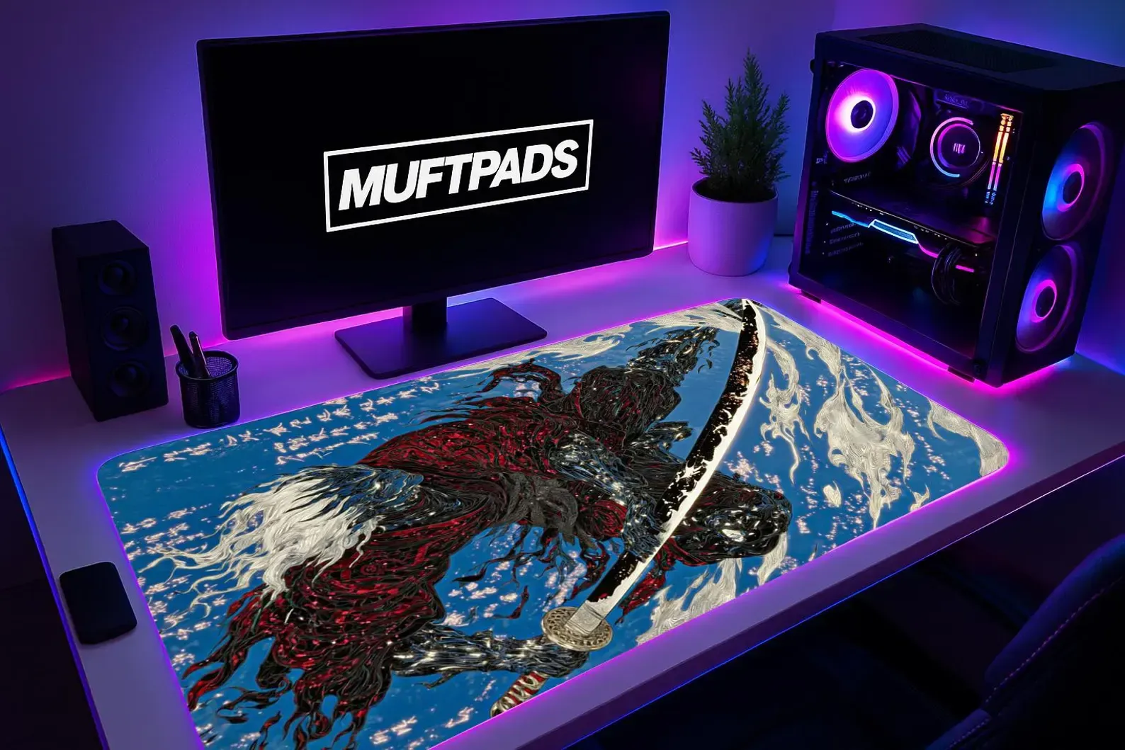 Samurai Warrior Desk Mat - Japanese Art Gaming Mouse Pad with Traditional Katana Design