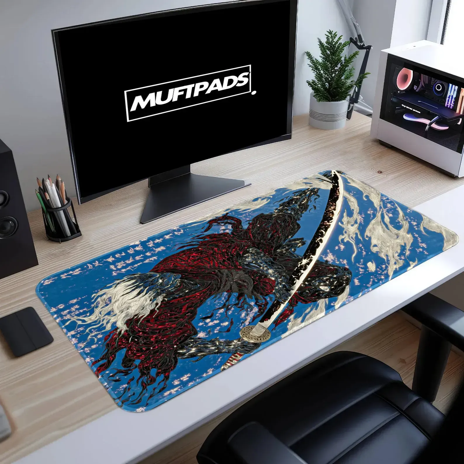 Samurai Warrior Desk Mat - Japanese Art Gaming Mouse Pad with Traditional Katana Design