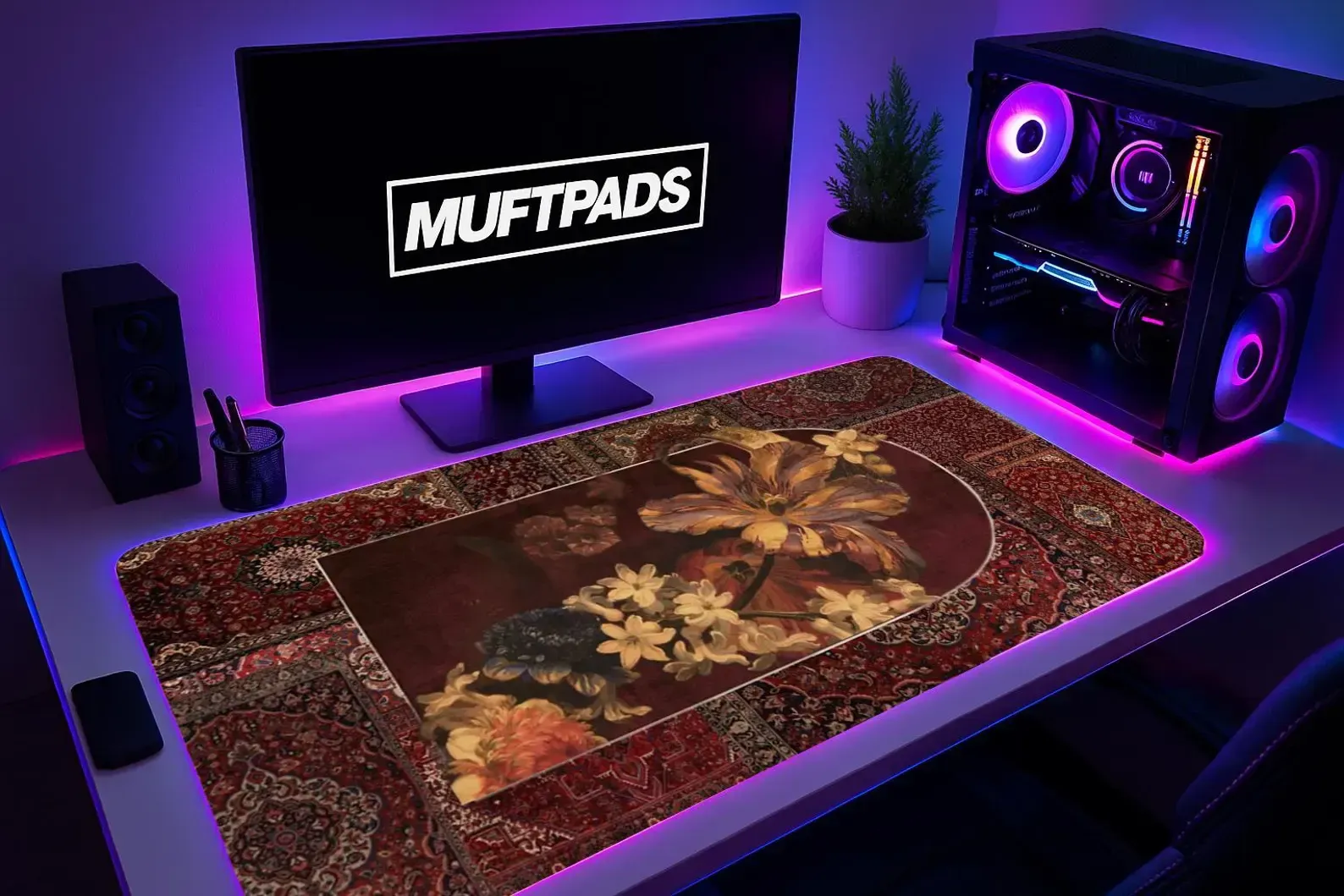 Persian Rug Floral Desk Mat - Burgundy Gold Ornate Mouse Pad Large